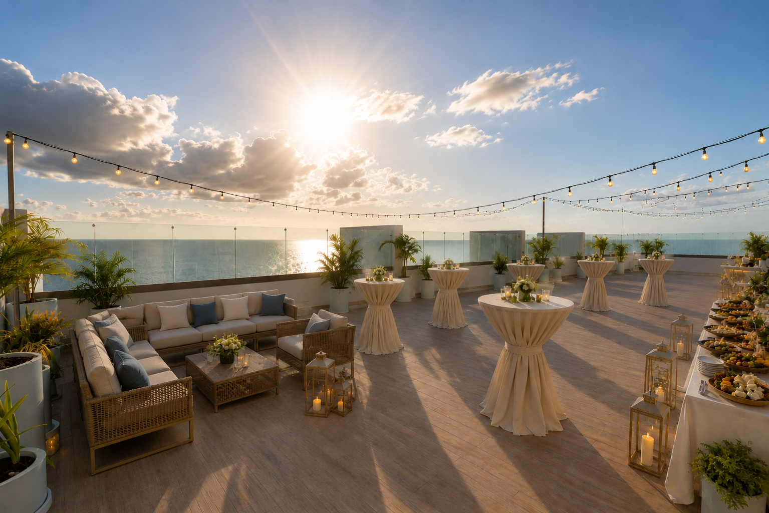 a patio with tables and chairs and a view of the ocean