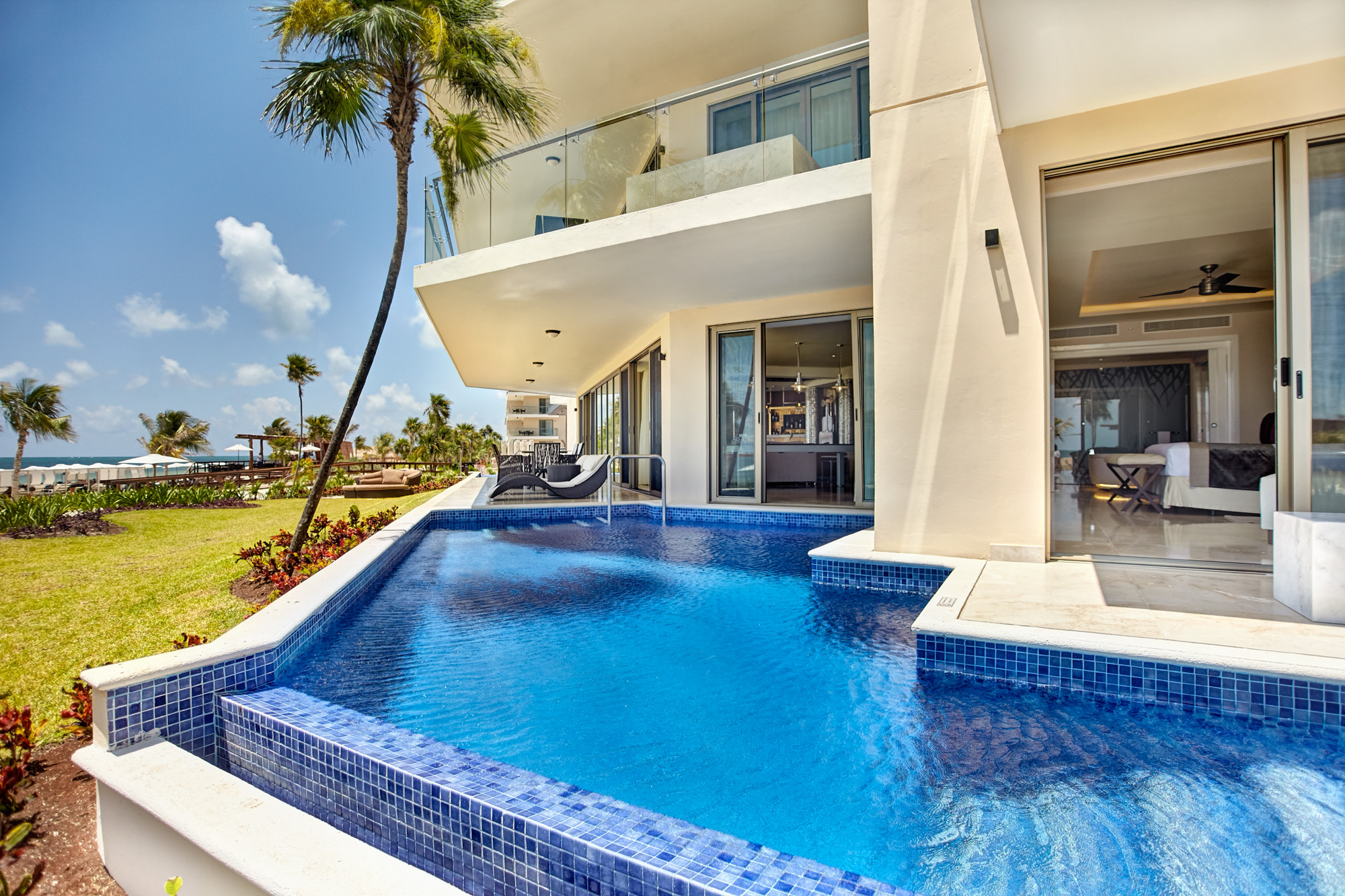 a pool in front of a building
