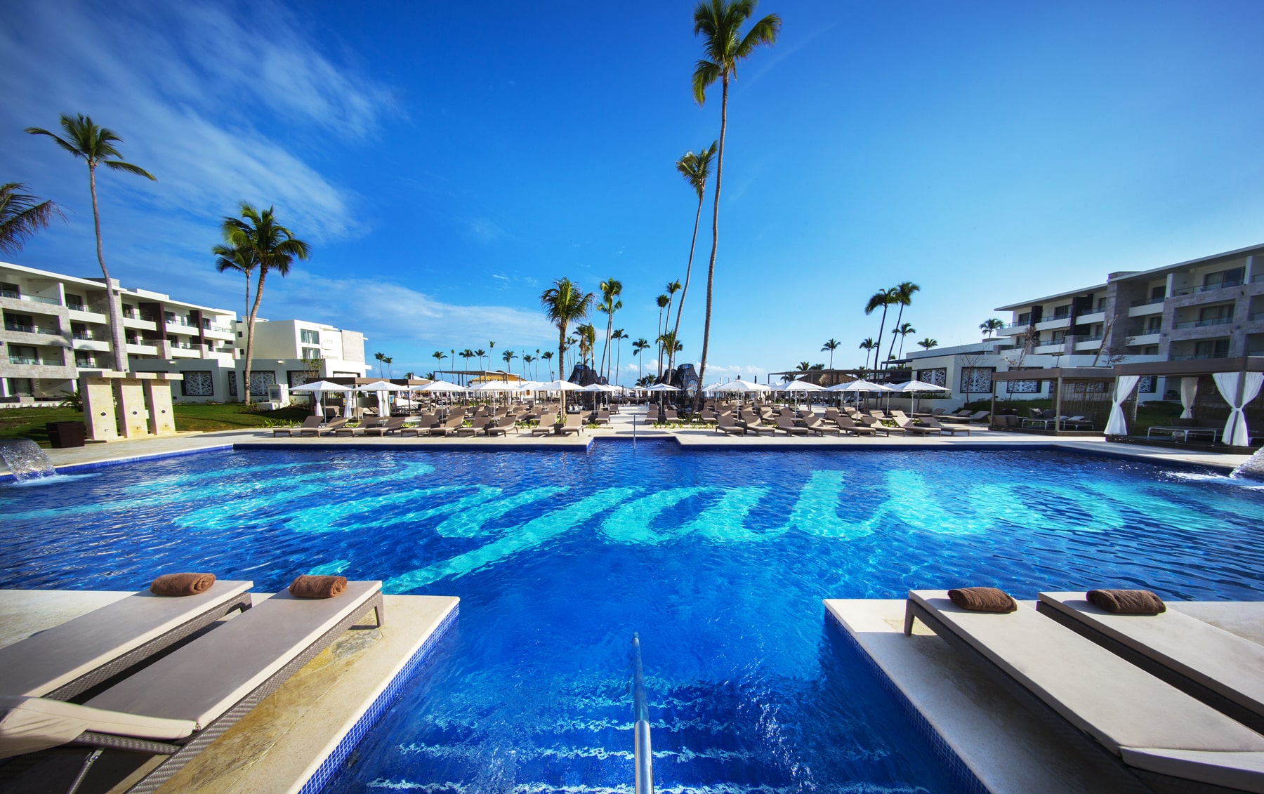a pool with lounge chairs and palm trees