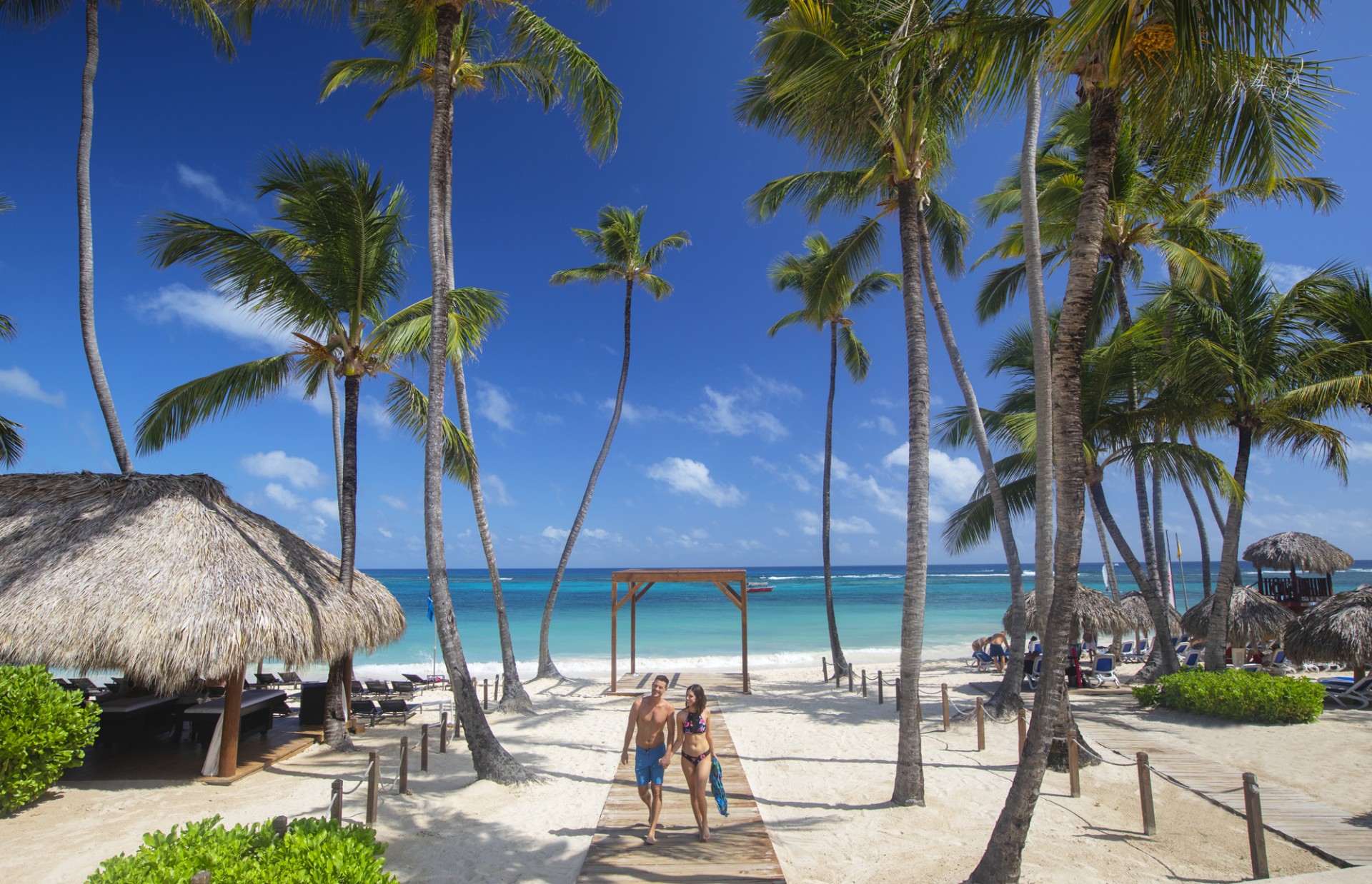 a man and woman walking on a wooden path with palm trees and a beach