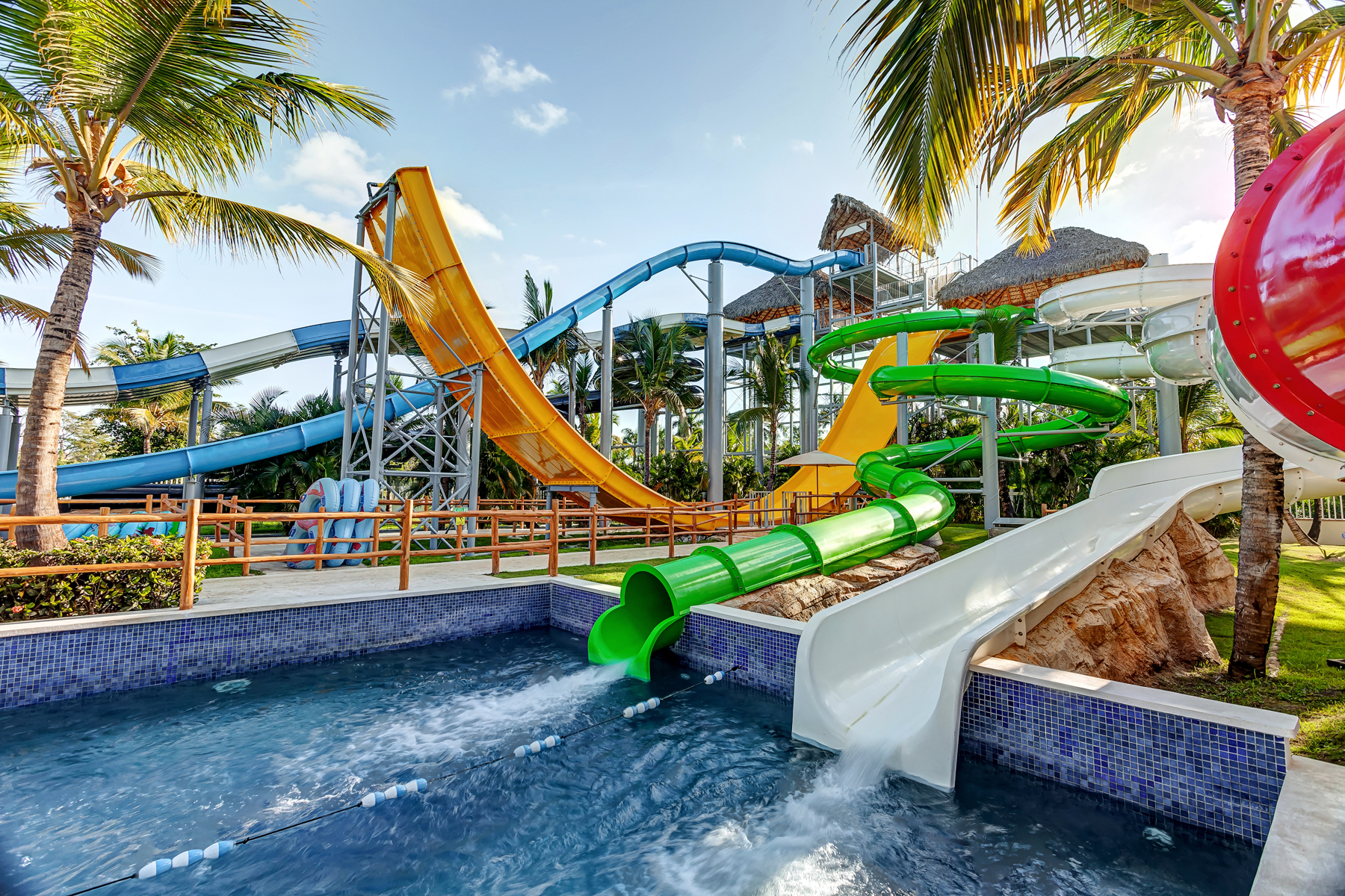 a water park with slides and trees