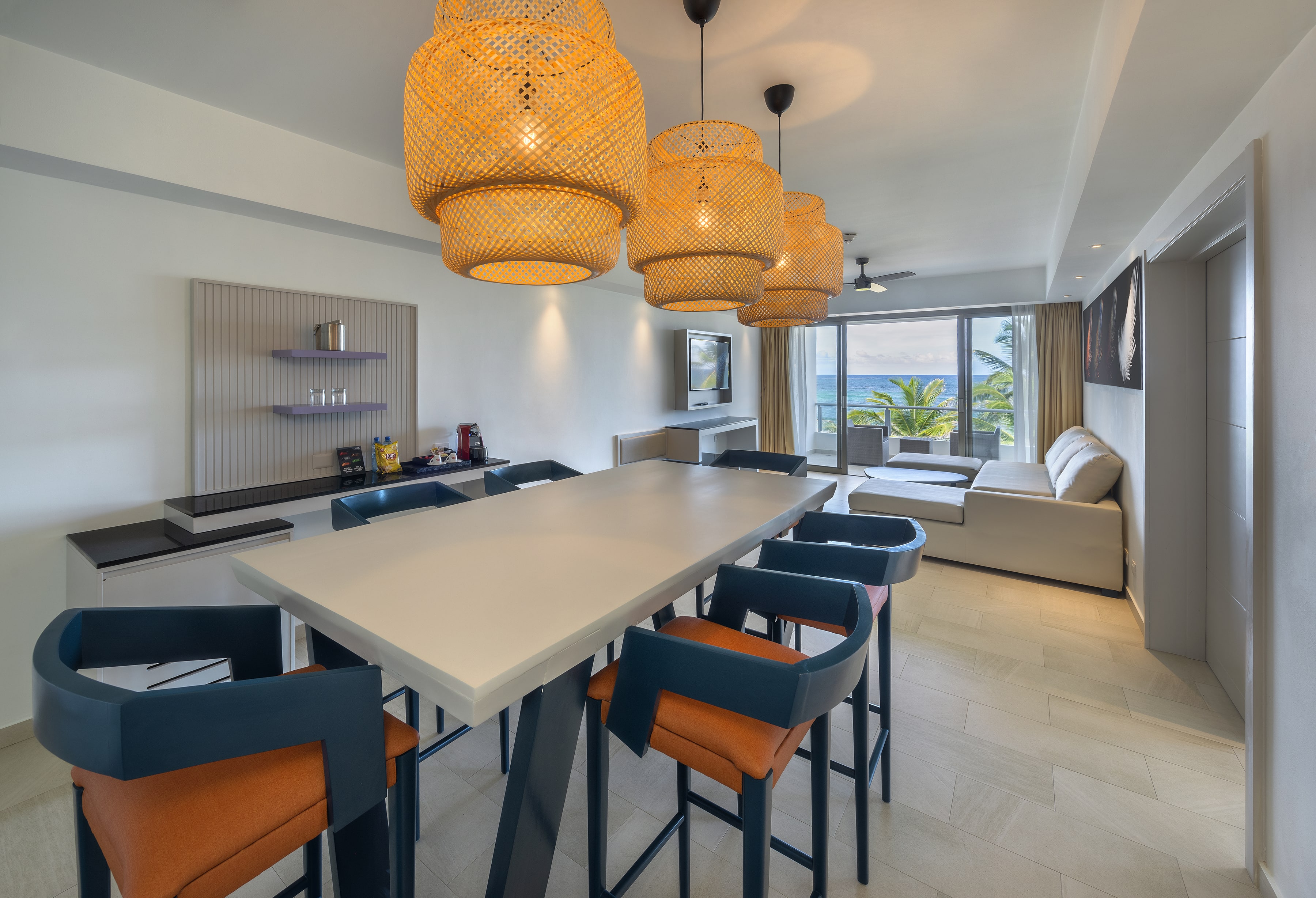 a room with a table and chairs