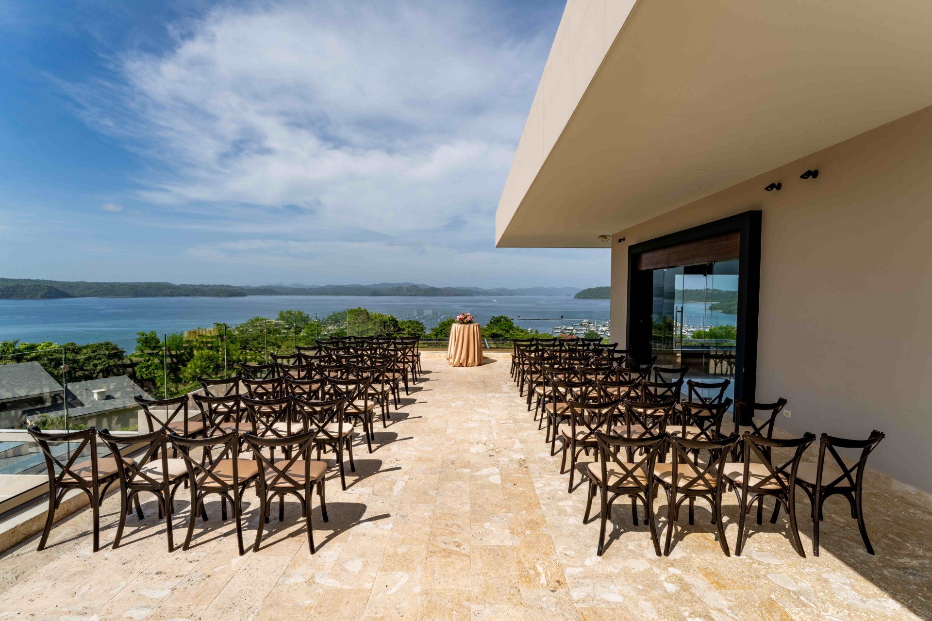 a group of chairs outside of a building