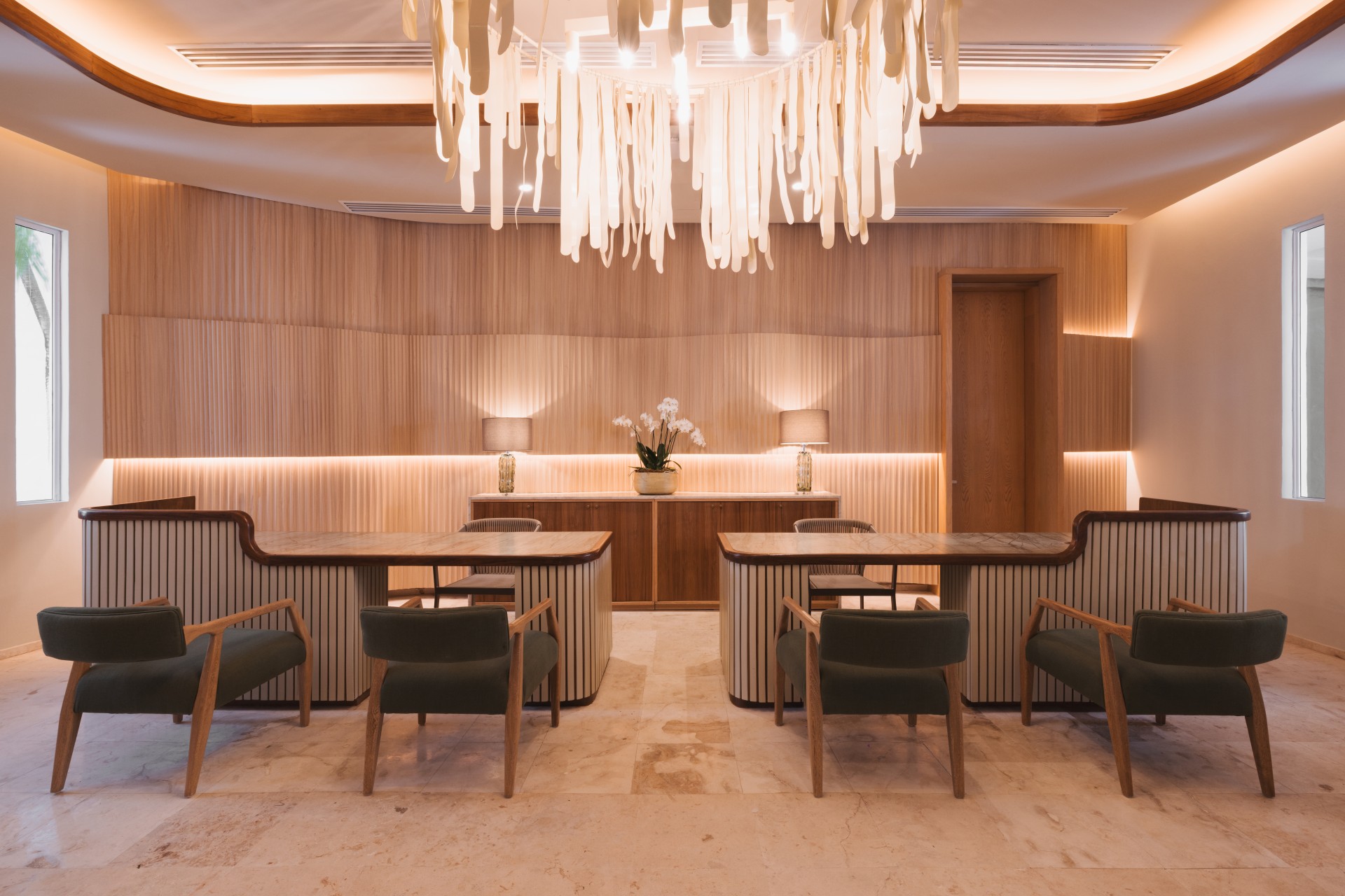 a room with chairs and tables