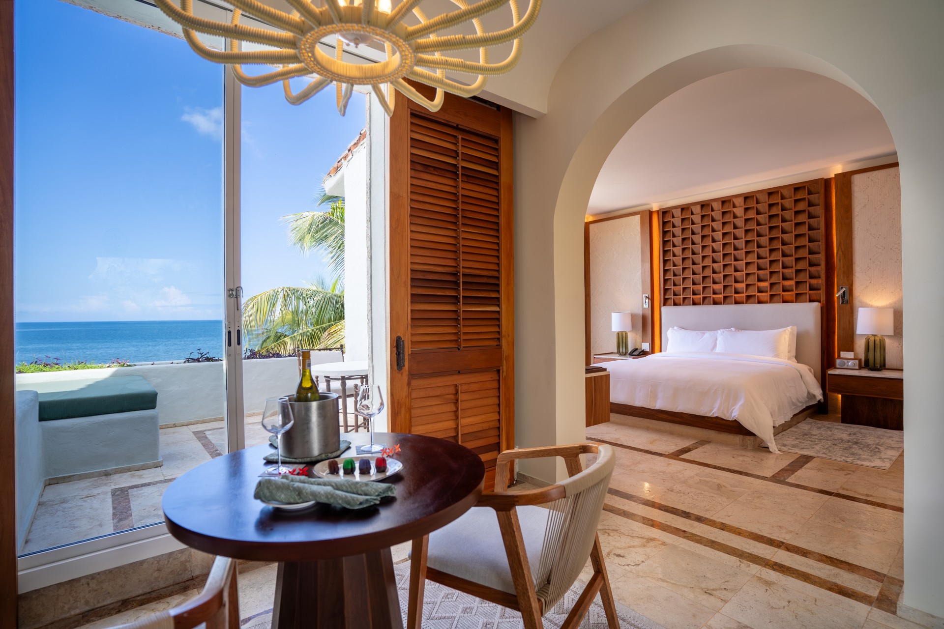 a room with a bed and a table