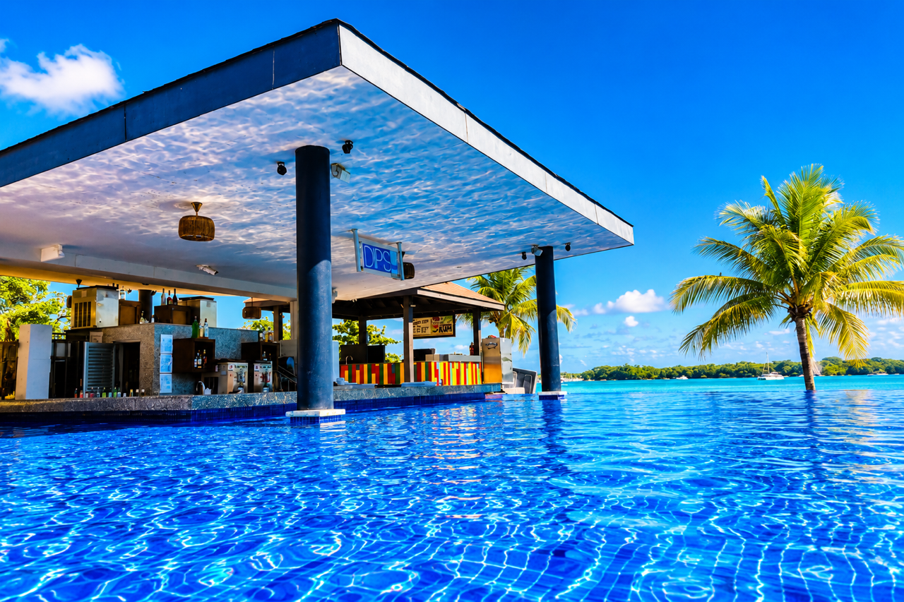 a pool with a building and palm trees