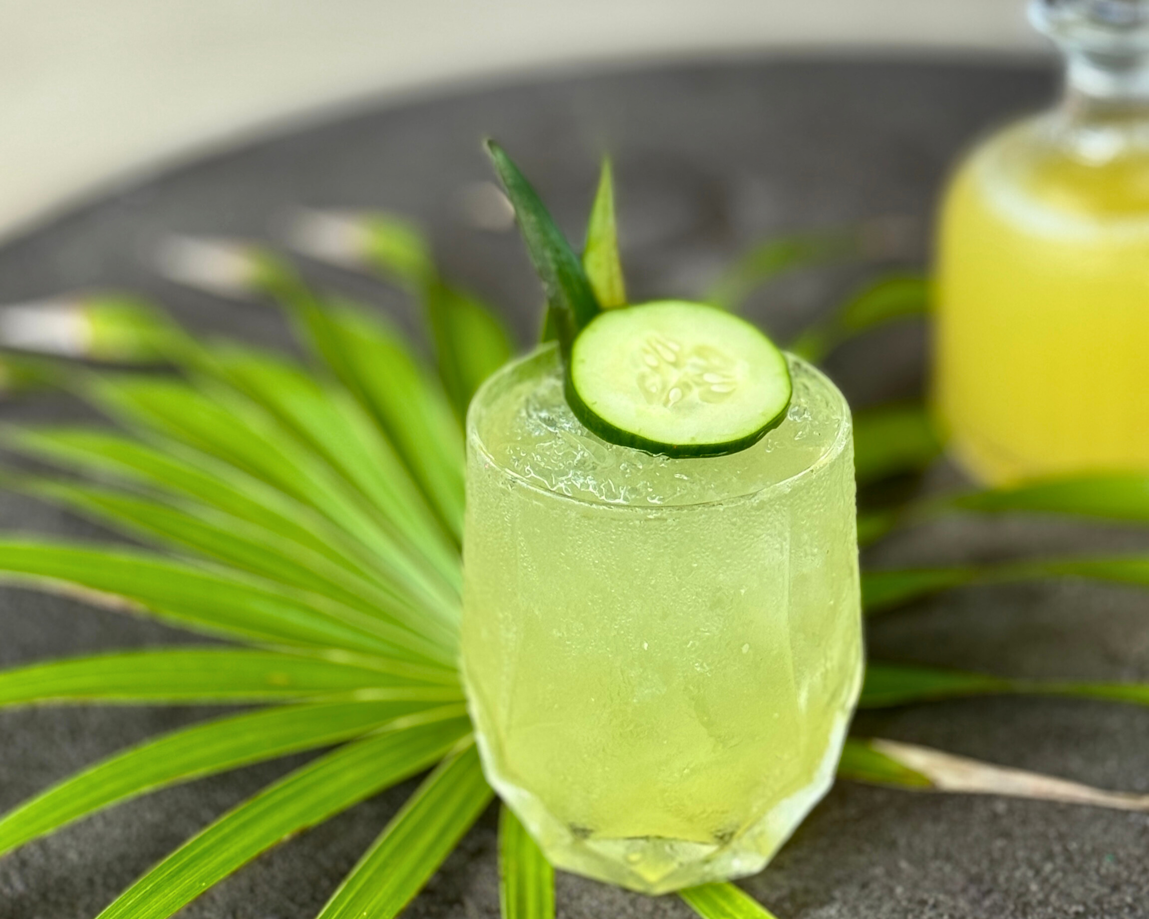 a cucumber on a drink