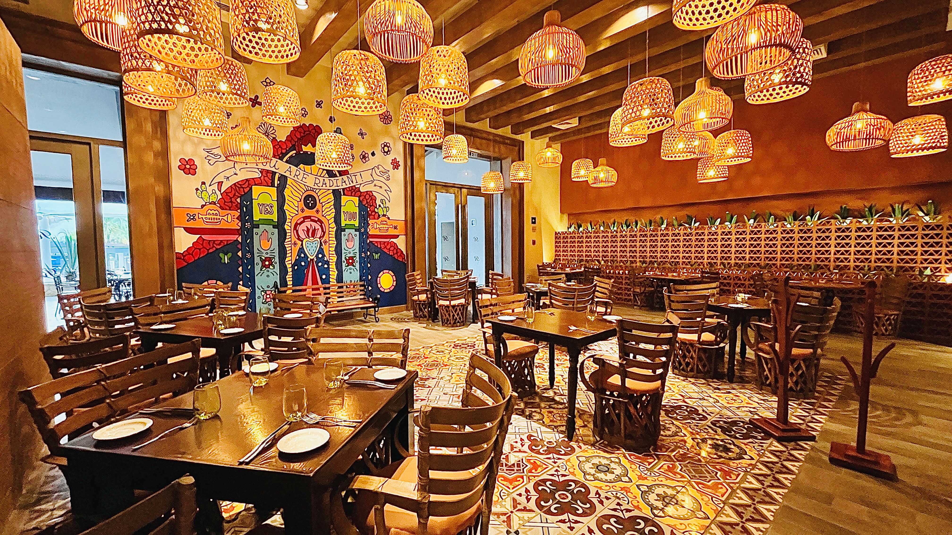 a room with tables and chairs