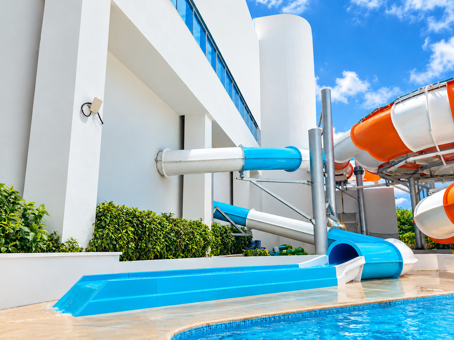 a water slide outside of a building