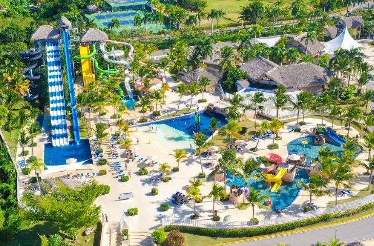 a water park with palm trees and a slide