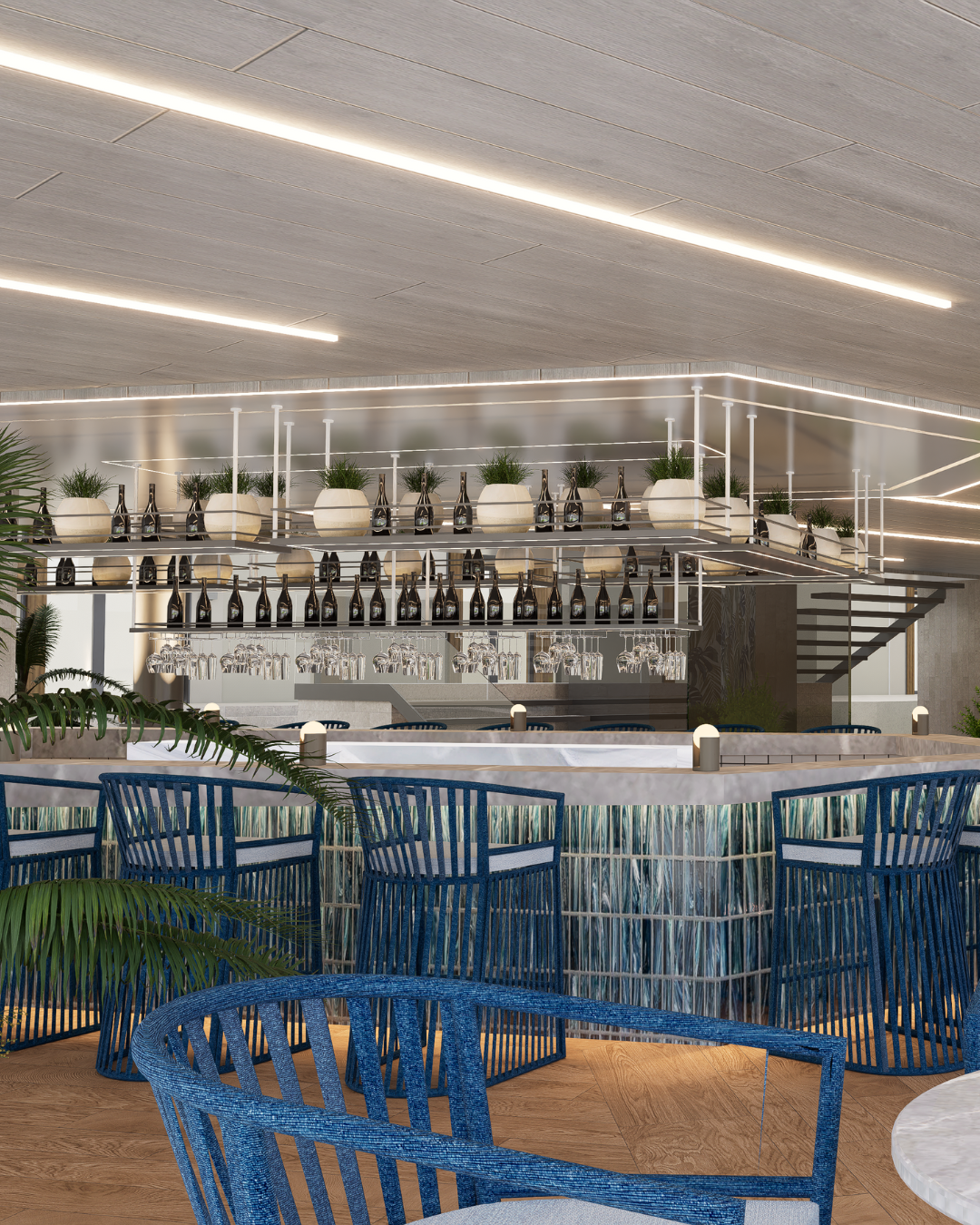 a room with a bar and chairs