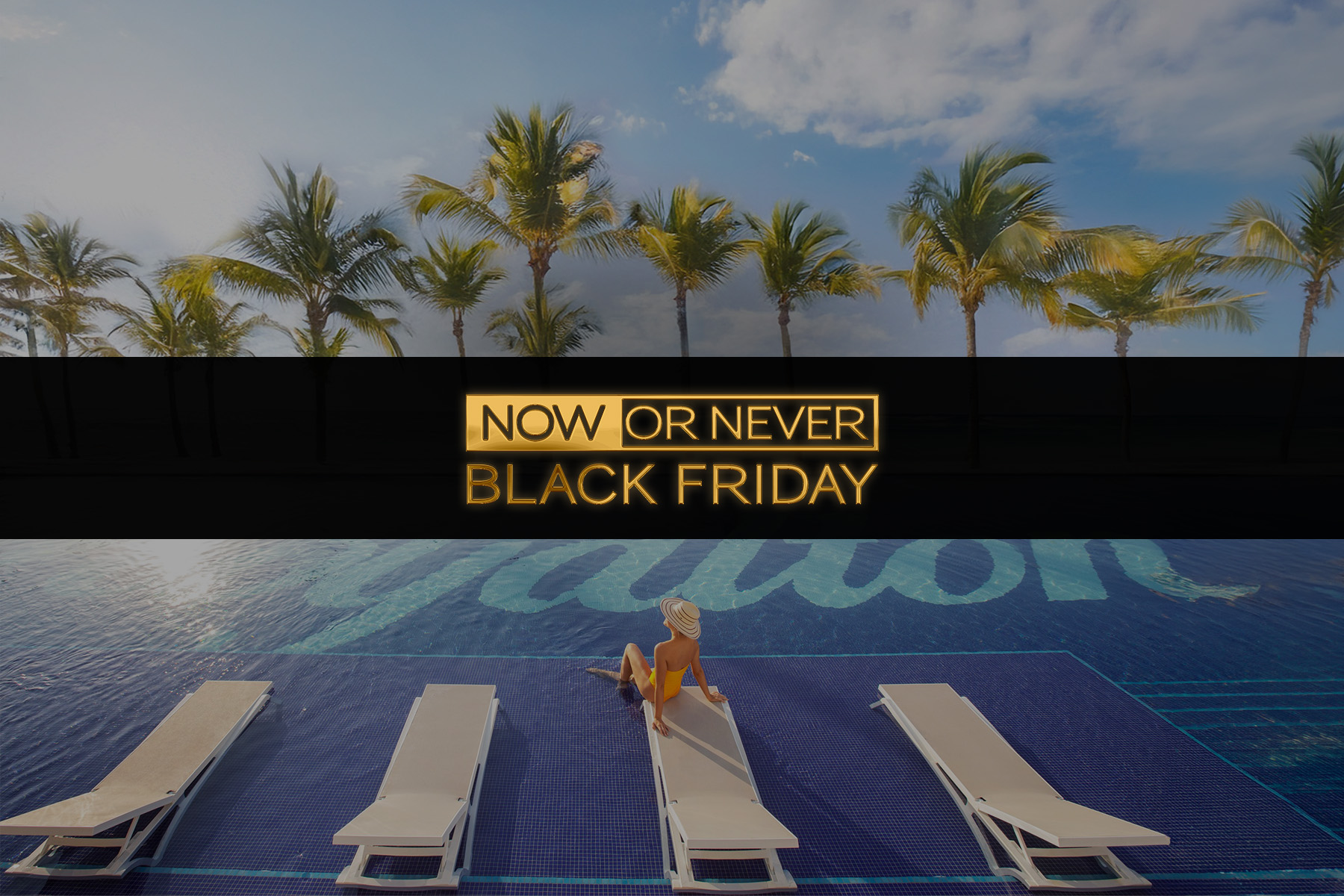 a woman sitting on a lounge chair next to a pool with palm trees