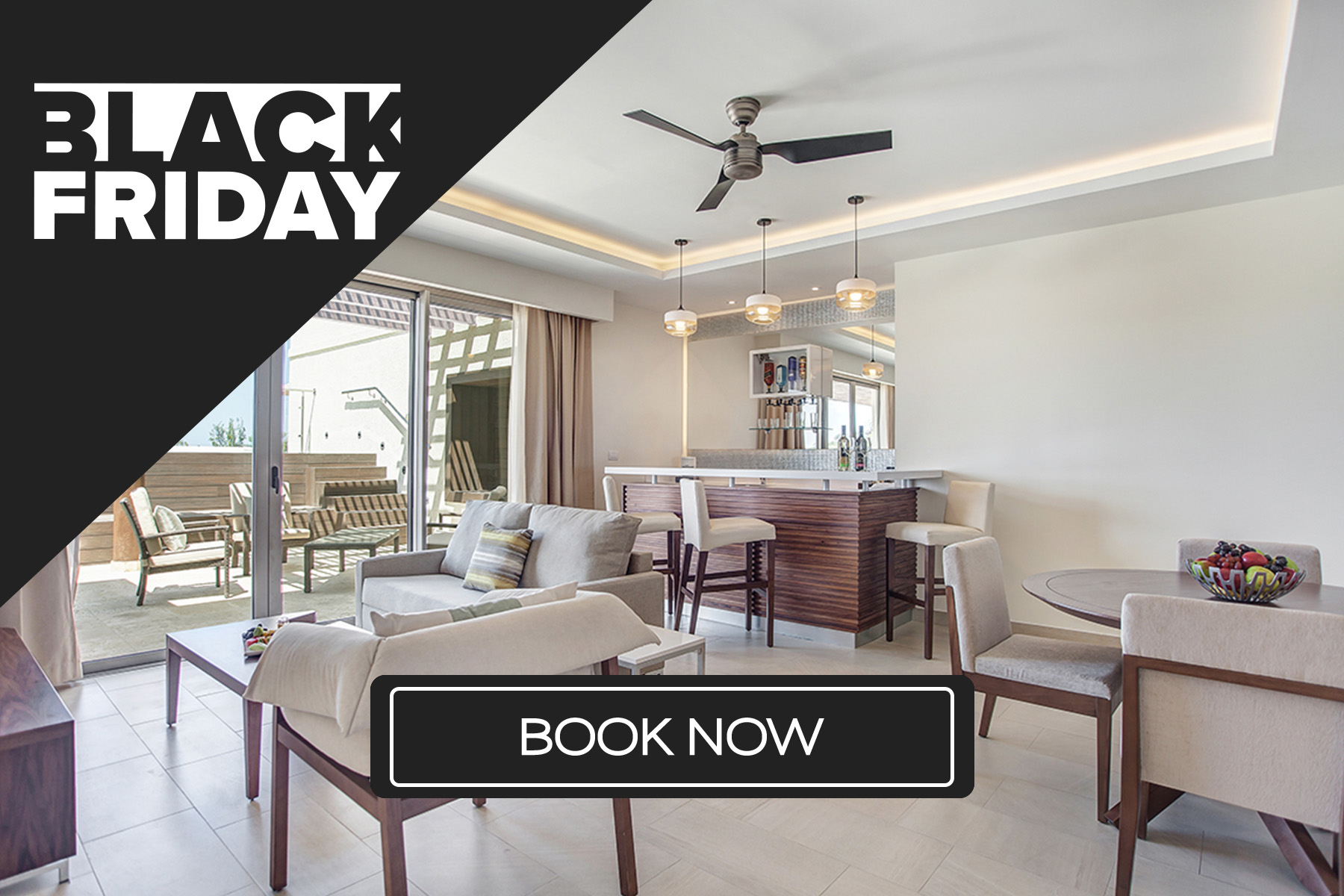 a room with a bar and a table