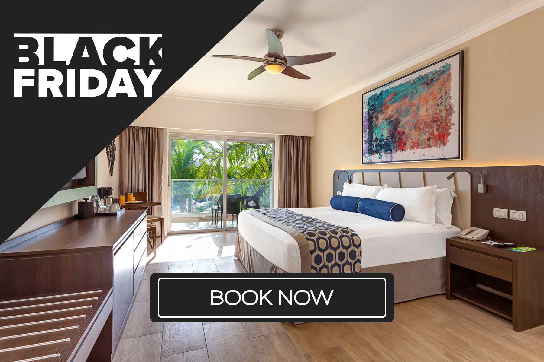 a room with a bed and a ceiling fan