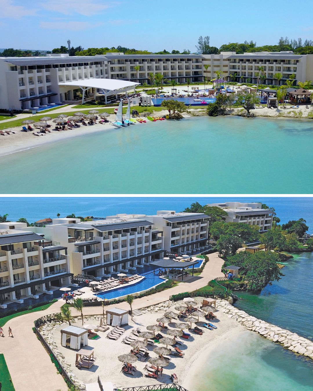 a collage of a beach and a hotel