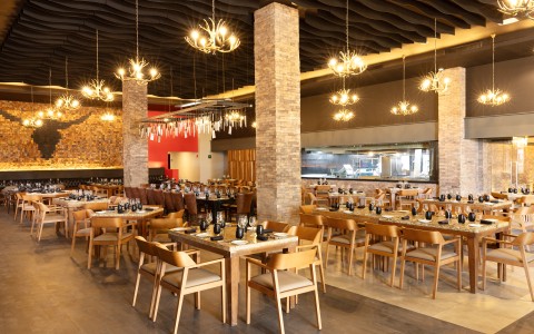 a large room with tables and chairs