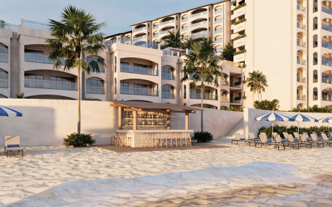 a beach with palm trees and a bar
