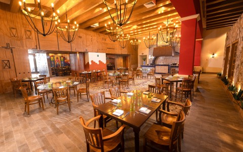 a room with tables and chairs