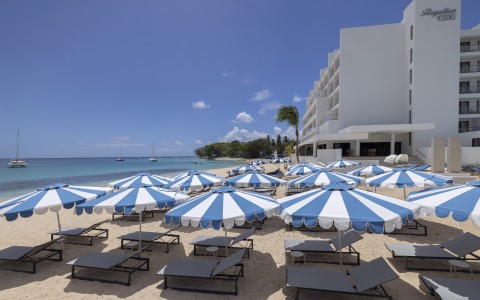 a beach with umbrellas and chairs