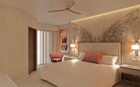 a bedroom with a bed and a fan