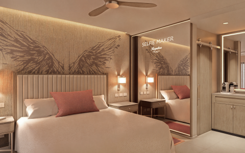 a bedroom with a mirror and a bed