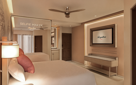 a room with a bed and a mirror