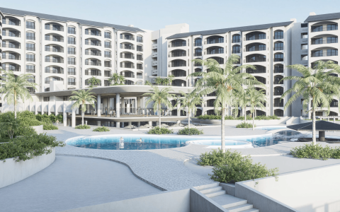 a pool in front of a building