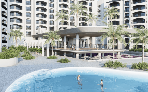a pool with palm trees in front of a building