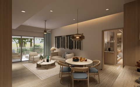 a living room with a table and chairs