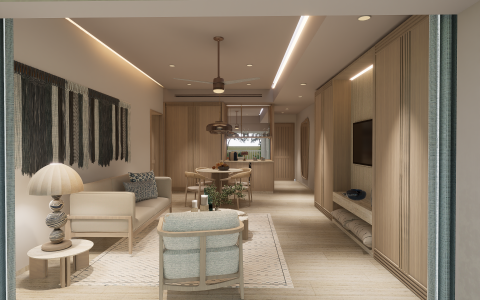 a living room with a table and chairs