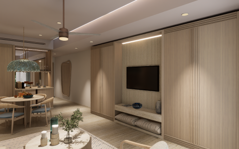 a room with a tv and a table