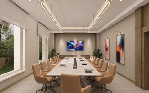 a conference room with a large table and chairs