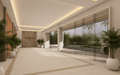 a large room with glass walls and a large door