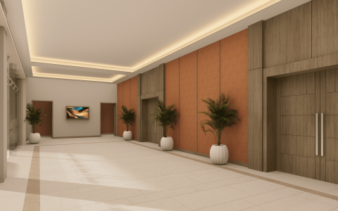 a room with plants in pots