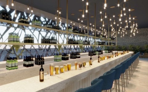 a bar with bottles of alcohol and glasses