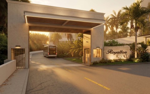 a bus going into a hotel