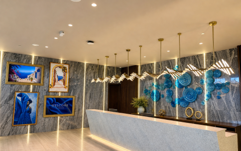 a reception desk in a hotel