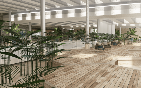 a room with plants and a pool