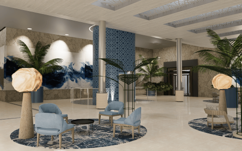 a lobby with blue chairs and palm trees