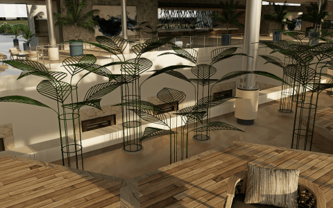 a room with a large table and plants