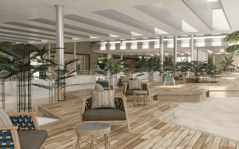 a room with chairs and tables and trees