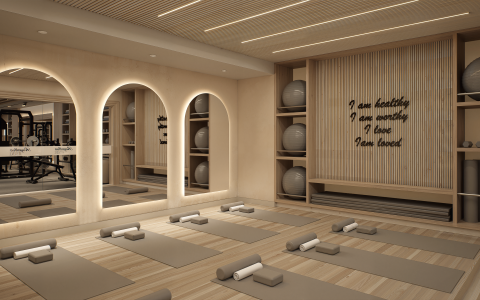 a room with yoga mats and balls