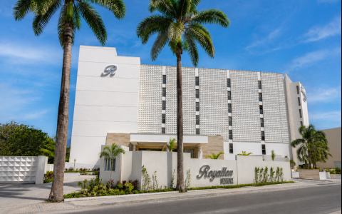 a building with palm trees and a road