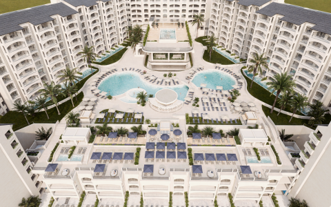 a pool and a building with a pool in it