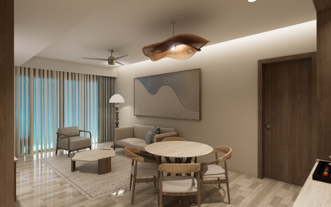 a living room with a table and chairs