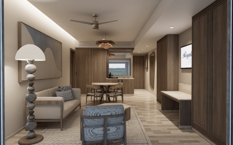 a living room with a table and chairs