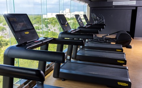 a row of treadmills in a room