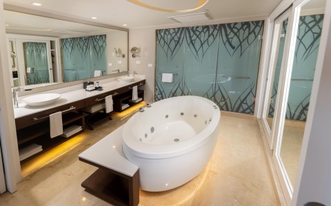a bathroom with a large tub and double sinks