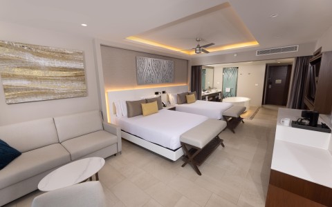 a room with two beds and a couch