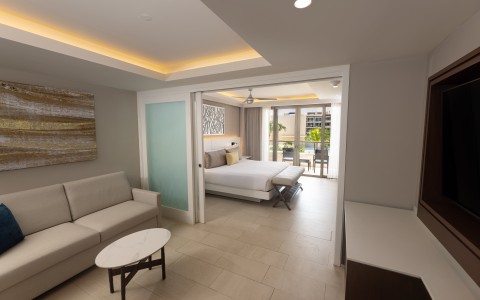 a room with a bed and couch